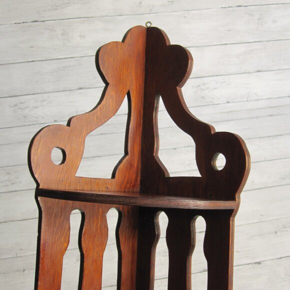 Vintage MCM Corner Wooden 2 Tier Shelf Lot Brown Knick Knack Wall Mount - Picture 6 of 6